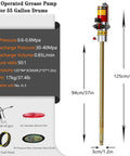 Heavy Duty 50 To 1 Pneumatic Grease Pump With Rugged Rum Cover And Quick Follower Plate for 55 gallon drums and commercial use.