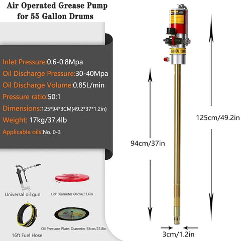 Heavy Duty 50 To 1 Pneumatic Grease Pump With Rugged Rum Cover And Quick Follower Plate for 55 gallon drums and commercial use.