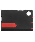 Front view of 14-In-1 Survival Card Tool With LED Light, ultra compact 2Cr13 stainless steel multitool in card size, black red design