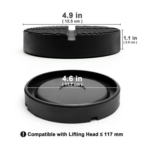JUKFITA floor jack rubber pad, round black cushion with ribbed top; 4.9 in top diameter, 4.6 in base, 1.1 in tall.
