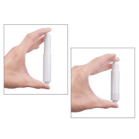 Two Pack Universal Toilet Paper Holder Replacement Rod Set, Spring Loaded, Retractable Plastic Rods shown in hand size comparison