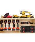 Cordless Drill Organizer With Wall Mount Storage Rack Five Hanging Slots Wooden Construction Model M004W, front view