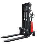 Heavy Duty Semi Electric Pallet Stacker Truck With 3300 Lb Capacity And 94.8 Inch Max Lift Height in black with red details.
