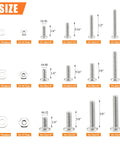 Heavy Duty Pro Grade 560 Piece Phillips Pan Head Machine Screw And Hex Nut Washer Assortment Kit Built Like A Tank With Durable 304 Stainless Steel For Top Shelf Weekend Projects size chart showing screws nuts and washers dimensions.