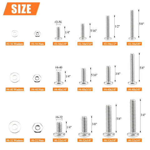 Heavy Duty Pro Grade 560 Piece Phillips Pan Head Machine Screw And Hex Nut Washer Assortment Kit Built Like A Tank With Durable 304 Stainless Steel For Top Shelf Weekend Projects size chart showing screws nuts and washers dimensions.