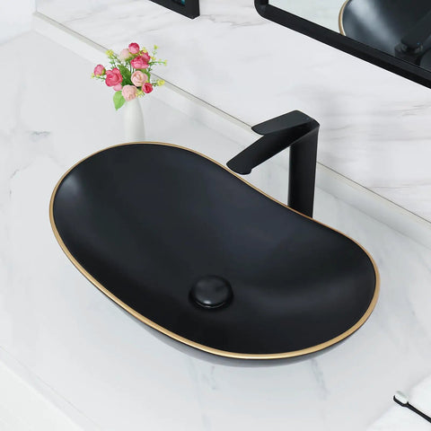 Large Matte Black Oval Vessel Sink With Gold Trim And Pop Up Drain For Above Counter Bathroom Use, Ceramic Vessel Sink