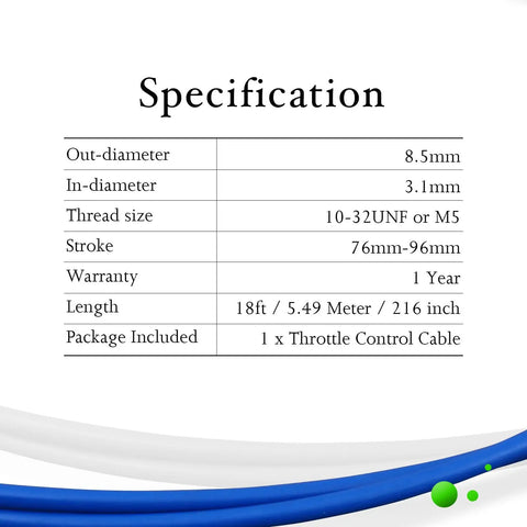 Specification chart for 33C Boat Throttle Shift Cable for Outboard Engines, 18 Foot Length, 1 Piece, Heavy Duty Marine Control Cable for Smooth Shifts, Built Tough for Inboard and Stern Drive Performance, High Quality Boat Rigging Part, 18ft