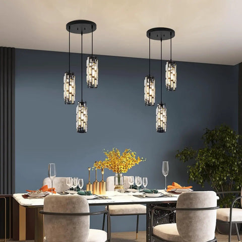 3 Light Pendant Chandelier With Bulbs Included, Modern Crystal Hanging Light Fixture over a dining room table, matte black