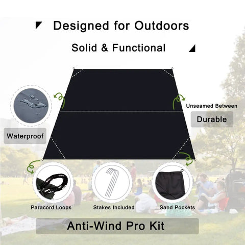 Ultralight 55x39 Inch Waterproof Pocket Picnic Blanket Foldable And Compact For Camping Festivals Beach Hiking Backpacking Ultralight Tarp displayed with waterproof and durable features, stakes included.