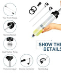 Heavy Duty Automotive Fluid Extractor Pump 200cc Oil Syringe Transfer Tool, includes hoses and silicone connector details.
