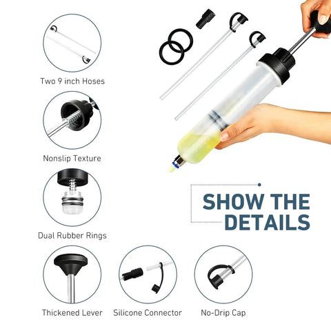 Heavy Duty Automotive Fluid Extractor Pump 200cc Oil Syringe Transfer Tool, includes hoses and silicone connector details.