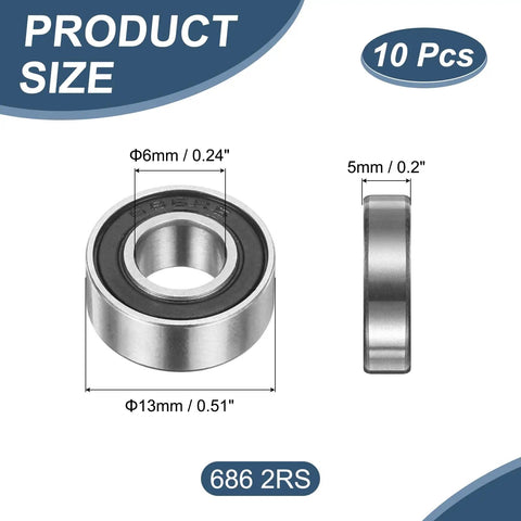 686 2RS Deep Groove Ball Bearings 6x13x5mm Chrome Steel Double Shield ABEC5 Ten Pack size chart