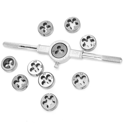 Solid 11 Piece Screw Thread Tap Die Set With Precision CNC Machined Tools Made For Heavy Duty Mechanical Jobs And Hard Steel Cutting Up To 60 Hrc High Performance Hand Tool Kit Including Quick Grip 25mm Wrench, metric taps and die set