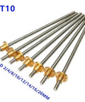 T10 Threaded Rod With Nut, 10mm Diameter, 100-550mm Length, 304 Stainless Steel, Heavy Duty Trapezoidal Thread, Pitch Two Lead One, Built For CNC, 3D Printers, Actuators, And Industrial Machinery, shown with brass nuts