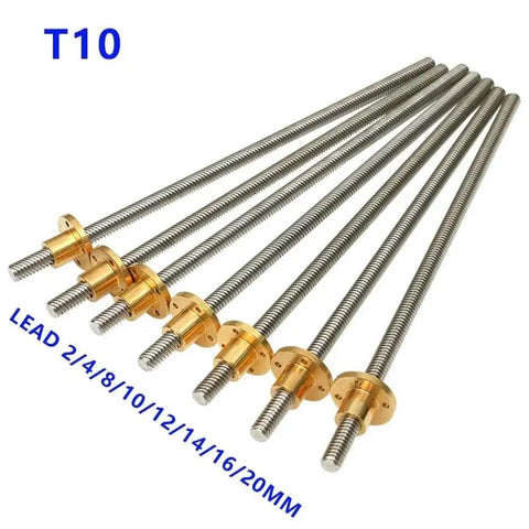 T10 Threaded Rod With Nut, 10mm Diameter, 100-550mm Length, 304 Stainless Steel, Heavy Duty Trapezoidal Thread, Pitch Two Lead One, Built For CNC, 3D Printers, Actuators, And Industrial Machinery, shown with brass nuts