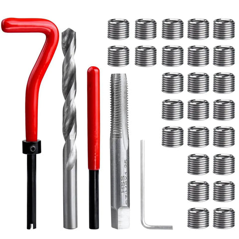 Heavy Duty M8 Helicoil Thread Repair Kit With 25Pcs Stainless Steel Inserts, Drill Bit, Tap, Insertion Tool, Hex Wrench And Breakoff Tool For Restoring Damaged Threads, M8 X 1.25mm, Pro Grade For Auto And Machinery Repairs, front view