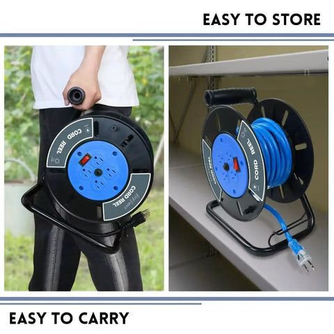 Heavy Duty Extension Cord Reel With 4 Grounded Outlets Open Cord Roller being carried and stored, black and blue design