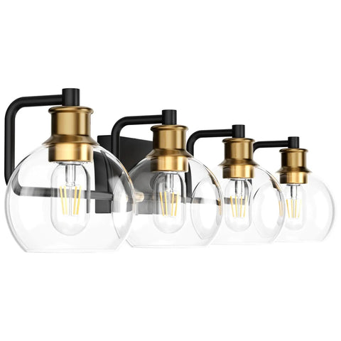 Upgrade Your Bathroom Vanity With Industrial Four Light Fixture In Vintage Black And Brass Finish With Clear Glass Globes
