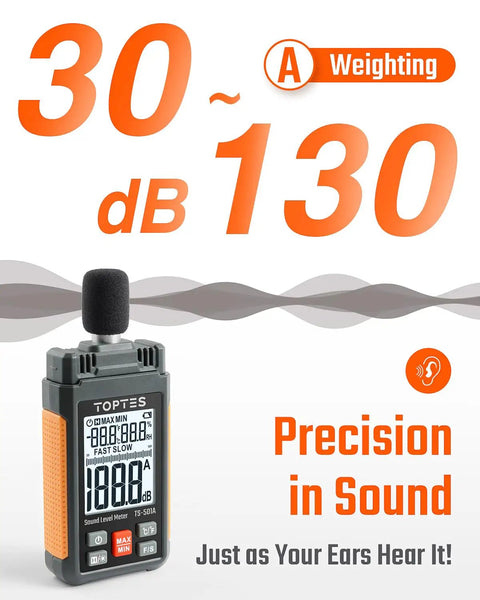 Orange Sound Level Meter With A Weighting, 30 To 130 dB Range, Portable Decibel Meter With 2.25 Inch Backlit LCD, Data Hold, Max Min, Ideal For Home Use, Noisy Neighbor Monitoring, Workshop And Factory Noise Tracking on white background