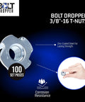 Three Eighth Inch 16 T Nuts Pack Of 100 Zinc Plated Steel Tee Nuts With Seven Sixteenth Inch Barrel Length, corrosion resistance.