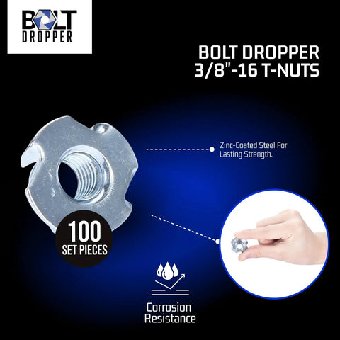 Three Eighth Inch 16 T Nuts Pack Of 100 Zinc Plated Steel Tee Nuts With Seven Sixteenth Inch Barrel Length, corrosion resistance.