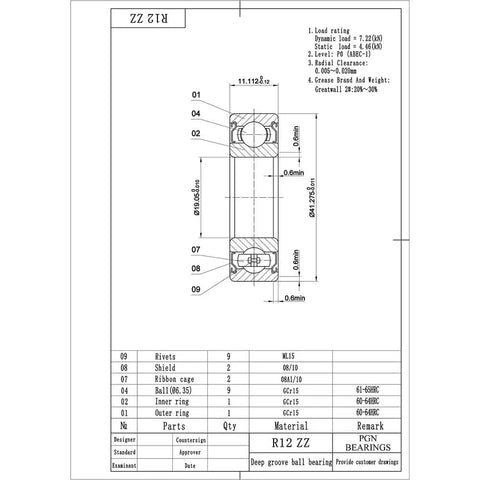 Technical drawing of Ten Pack R12 ZZ Bearing Sealed Chrome Steel Ball Bearing with dimensions for heavy duty use