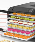 Heavy Duty Six Layer Electric Food Dehydrator For Fresh Fruits Veggies Beef Jerky And Homemade Pet Snacks Featuring Quiet Motor And Fast Dry Modes, showcasing trays of assorted fruits.