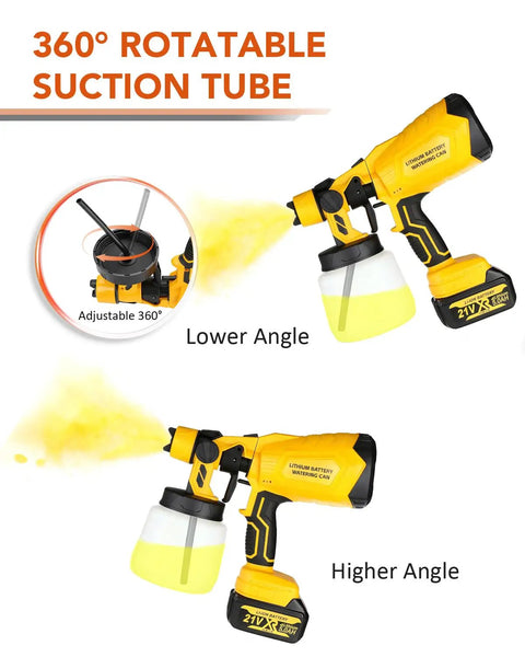 Professional Cordless Paint Sprayer Featuring Dual Power Packs Along With A Punchy 800W Motor For Consistent Atomization and Zero Sweat Outdoor Projects, showing adjustable 360° suction tube.
