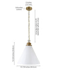 15.88 Inch Wide Pendant Light With Glass Shade In Brass And White Milk Glass, 8 ft adjustable cord, dimension details.