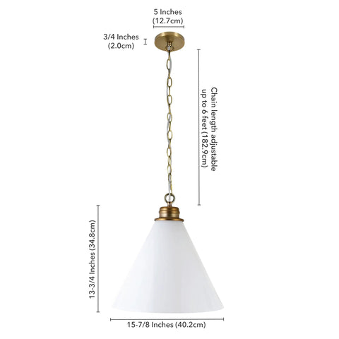 15.88 Inch Wide Pendant Light With Glass Shade In Brass And White Milk Glass, 8 ft adjustable cord, dimension details.