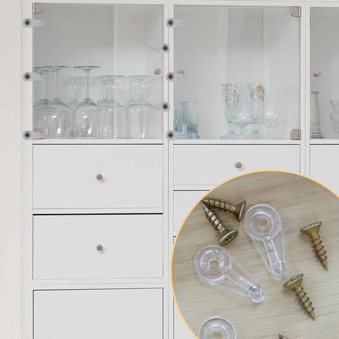 Heavy Duty Cabinet Door Glass Retainer Clips With Screws Top Shelf Replacement Hardware For Window Mounting shown in use on cabinet.