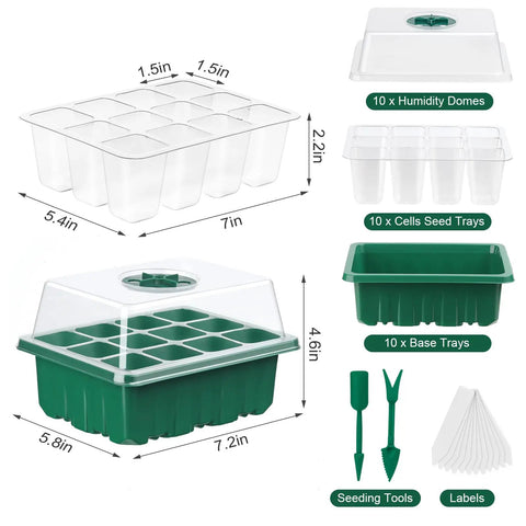 120 Cell Seed Starter Tray Kit with Humidity Dome, showing green trays, clear lids, seeding tools, and labels, ideal for germination