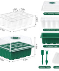 10 Pack Seed Starter Tray Kit With 120 Cells And Adjustable Humidity Dome shown with tools and labels. Size dimensions included.