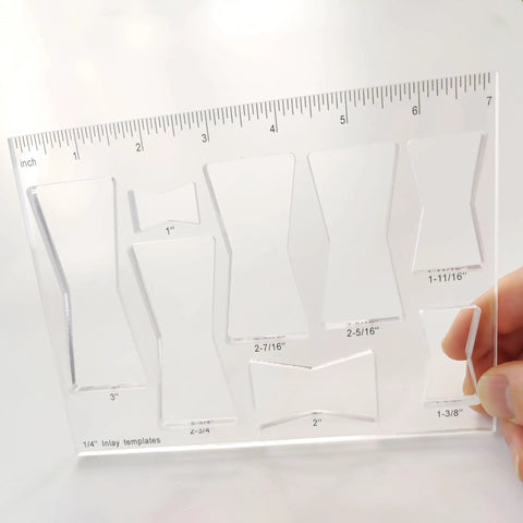 Rock Solid Acrylic 8 In 1 Bowtie Butterfly Router Template Jig Kit Woodworking DIY Inlay Guide showing clear templates and ruler.