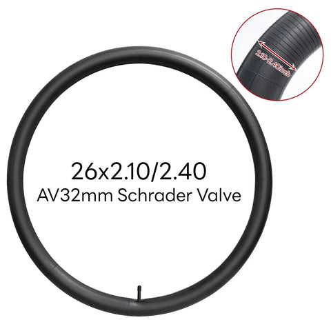 Heavy Duty 26 Inch Bike Inner Tube 26x2.10 To 2.40 Schrader Valve AV32mm Replacement Tube with valve and size close-up
