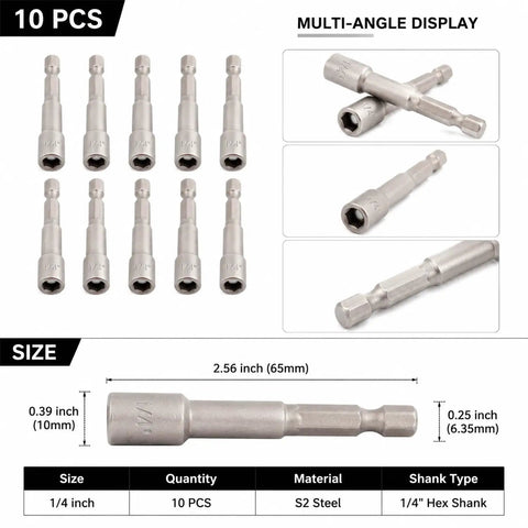 10 Piece Magnetic Nut Driver Set With 1/4 Inch Hex Shank Quick Change Adapter, displaying various angles and sizes of S2 steel drivers.