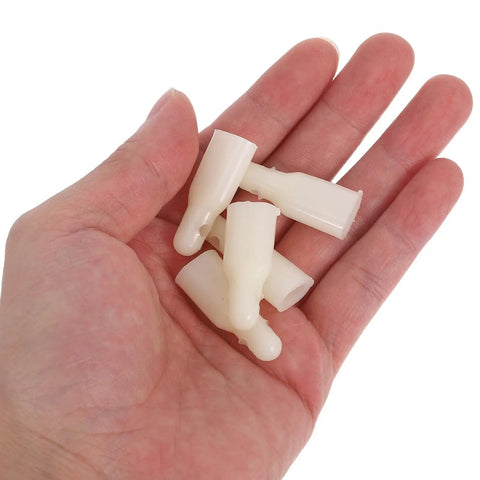 Cool DIY Fixers For Your Dinged Umbrellas: 10 Pc Plastic Stick End Caps With Snap Holes Ribs Bone Tips For Weathering Daily Commute And Shading In Style., beige plastic umbrella tip caps in hand