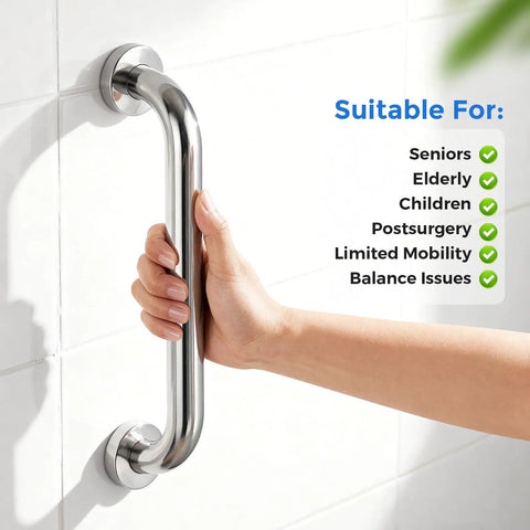 Two Pack 12 Inch Stainless Steel Shower Grab Bars for Safe Bathing and Easy Mobility mounted on a wall, hand holding bar.