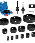 Pro Grade 19-Piece Hole Saw Set With Sizes From 3/4 Inch To 6 Inch Carbon Steel Blades Includes 2 Triangular Shank Bits 2 Mandrels Installation Plate And Hex Key Ideal For Soft Wood Plywood Drywall PVC set displayed with blue storage case.