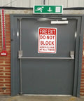 Keep It Clear Fire Exit Sign 10x7 Aluminum Do Not Block Door Weather Resistant Rust Free Easy Mounting 2 Pack High Visibility Red On White For Quick Safety Reminder on gray exit door