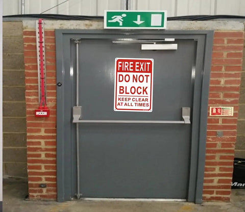 Keep It Clear Fire Exit Sign 10x7 Aluminum Do Not Block Door Weather Resistant Rust Free Easy Mounting 2 Pack High Visibility Red On White For Quick Safety Reminder on gray exit door