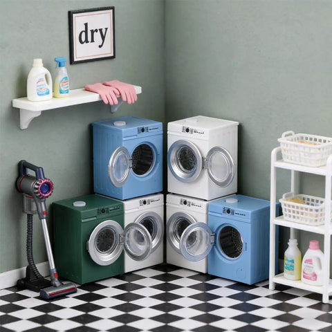 Straight Out The Box This 1:12 Scale Miniature Washer Rocks A Real Spinning Drum And Flip Top Lid Hitting Dead On Realism For Your Dollhouse Setup And Killing It For Custom Micro Landscape Diorama Projects in a detailed dollhouse laundry room.