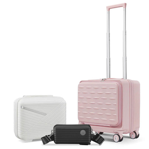 All In One 3 Piece Luggage Set With 16 Inch Front Opening Carry On, Expandable PC Hardshell Suitcase, 14 Inch Cosmetic Case And Crossbody Handbag