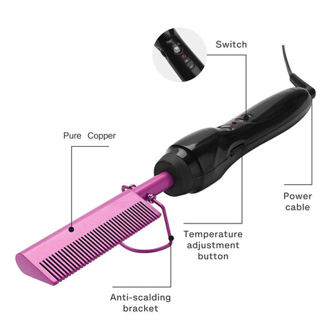 Homfu Electric Hot Comb For Natural Hair, Violet Heat Pressing Straightener Brush with anti-scald bracket and temperature controls.