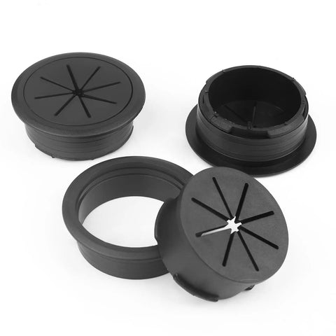 Heavy Duty 2 Inch Desk Grommet Kit With Eight Black Hole Covers And Cobalt Hole Saw, black plastic plugs for desk cable organization.