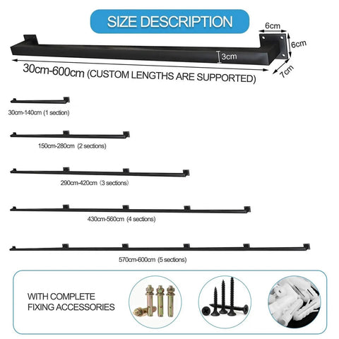 Heavy Duty Black Wrought Iron Wall Mount Stair Railing Adjusts 5 To 14 Feet For Decks And Porches size chart for custom lengths.