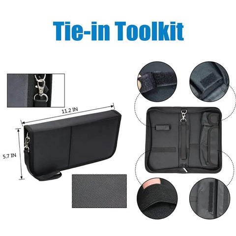 Storage case for Ratcheting Crimping Tool Set with 8 Quick Change Jaws, showing dimensions and interior with elastic holders.