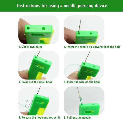 Steps for using an Automatic Needle Threader for DIY Hand Sewing, Easy Threading Tool for Embroidery and Cross Stitch.