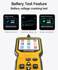 Close-up of All In One OBD2 Scanner Code Reader Plug And Play With Battery Tester showing battery test features and real-time voltage.