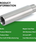 Image of a 2 Pack 3 Quarter Inch NPT Stainless Steel Pipe Nipples 4 Inch Length Male To Female Threaded Thickened Cast Pipe 304 Stainless Steel Corrosion Resistant For Plumbing DIY Home Improvement Projects, showing detailed specifications on green background.